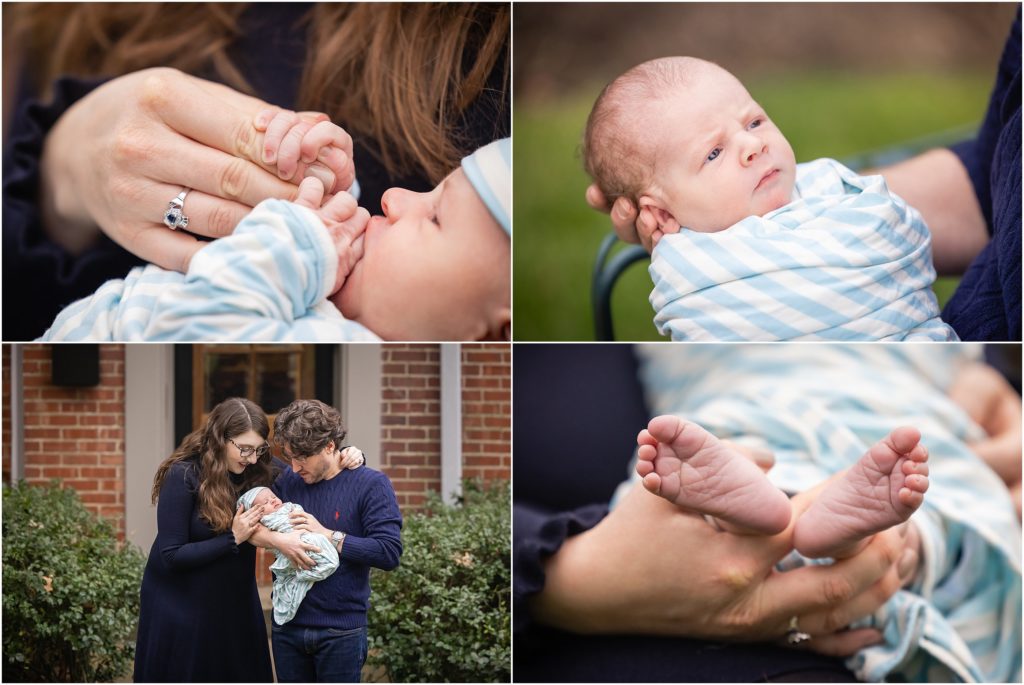 covid baby newborn photography shot in front of home with telephoto lens